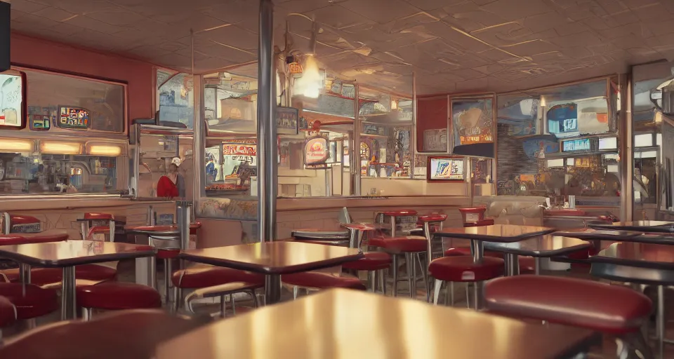 Prompt: closeup profile portrait of a 1 9 5 0 s diner, depth of field, detailed and intricate environment, golden hour, 8 k resolution, hyperrealistic, octane render