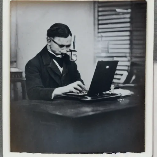 Image similar to old polaroid depicting a scientist from the 1 9 th century working at a modern day laptop