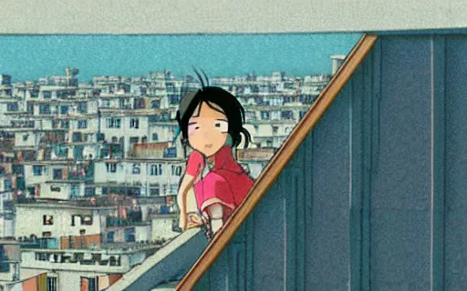 Prompt: a girl sitting on the roof of a building eating a sandwich, zoomed out, art by hayao miyazaki, studio ghibli film,