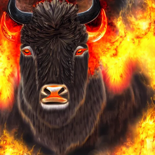 Image similar to A large black bison with fiery eyes, Bison God, Ancient