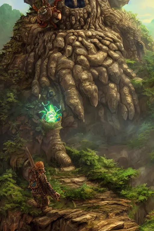 Image similar to zelda fantasy art giant golem troll wood rock greeble gemstone, global illumination ray tracing hdr fanart arstation by sung choi and eric pfeiffer and gabriel garza and casper konefal