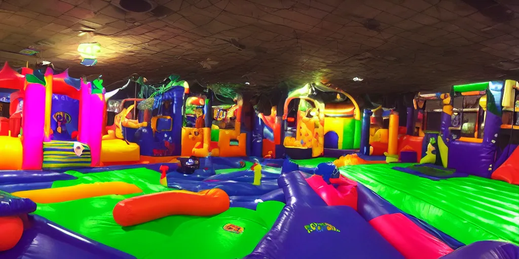 Prompt: a darkly lit indoor playplace bounce house photo taken with a deposable camera, limital space