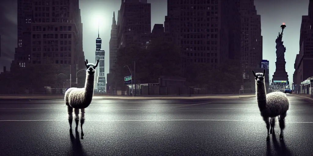 Image similar to a llama walking through a desolate manhattan city street at night, statue of liberty seen in the background, realistic 4 k octane beautifully detailed render, 4 k post - processing, highly detailed, detailed face, intricate complexity, epic composition, magical atmosphere, cinematic lighting, masterpiece, color picture, ultra hd