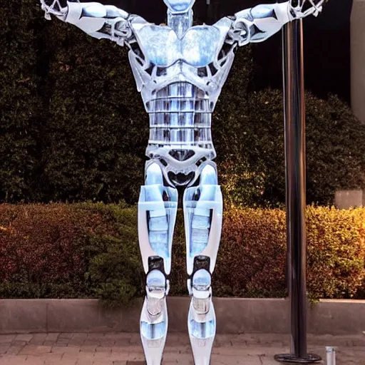 Image similar to made of ice, a realistic detailed photo of a guy who is an attractive humanoid who is half robot and half humanoid, who is a male android, on display, blank stare, showing off his muscles, shiny skin, posing like a statue, by the pool, frozen ice statue, f 1 driver max verstappen, humanoid robot