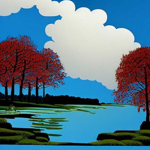 Prompt: wood house close to a dam, row of stratocumulus clouds in the blue sky, the gardens and trees are beautiful by eyvind earle