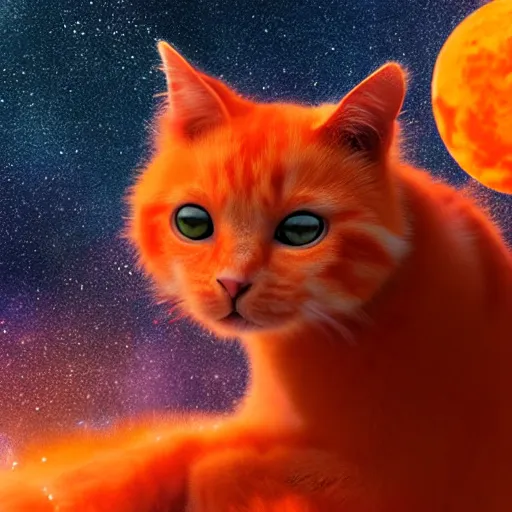 Prompt: A fuzzy orange cat sitting on planet earth, space with stars in the background, digital art, matte art, trending on artststion and unreal engine, deviant art