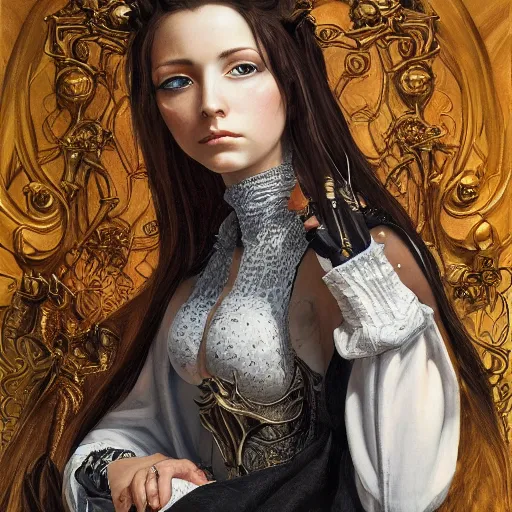 Prompt: high quality high detail portrait of a young gorgeous female warlock looking away from the camera, detailed eyes, eyes do not reflect, no hands visiblefantasy, d & d, painting by lucian freud and mark brooks, hd