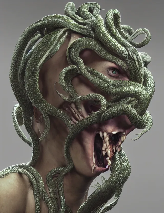 Image similar to Medusa, fantasy horror art, hissing scream, fangs, snakes for hair, scaly, detailed fantasy render, 8k, unreal engine with DLSS