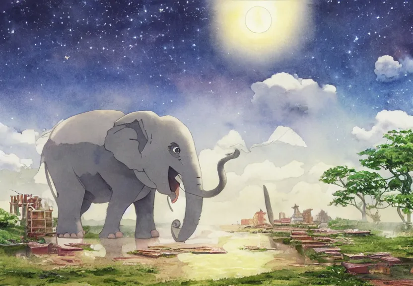 Image similar to a hyperrealist watercolor concept art from a studio ghibli film showing a giant grey dumbo the elephant. a temple is under construction in the background in india on a misty and starry night. by studio ghibli. very dull muted colors