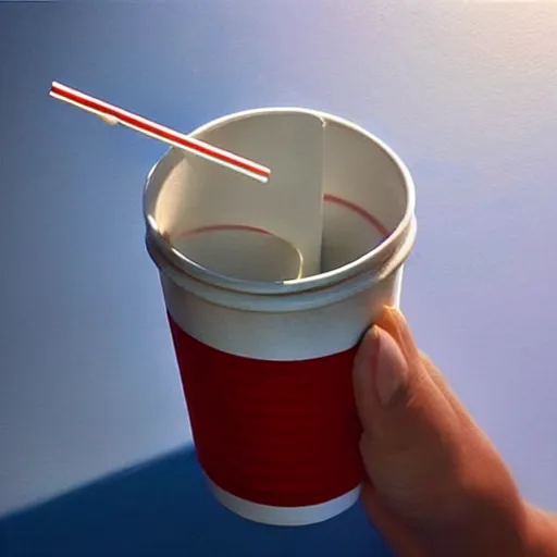 Image similar to white paper cup with red strip ring and a straw!!!, hyperrealistic, highly detailed, cinematic, volumetric sunlight, beautiful, cgssociety, artstation, 8 k, oil painting by greg rutkowski, by artgerm, by wlop