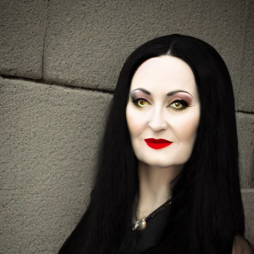 Image similar to dslr portrait photo of morticia addams, f 2. 8, iso 4 0 0,, 4 k, photorealistic, cinematic, masterpiece,