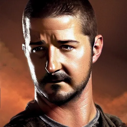 Prompt: A combination of George Eads's and Tristin Mays's and Shia LaBeouf 's faces as Aiden Caldwell character from Dying Light 2 Stay Human, western, D&D, fantasy, intricate, elegant, highly detailed, digital painting, artstation, concept art, matte, sharp focus, illustration, art by Artgerm and Greg Rutkowski and Alphonse Mucha