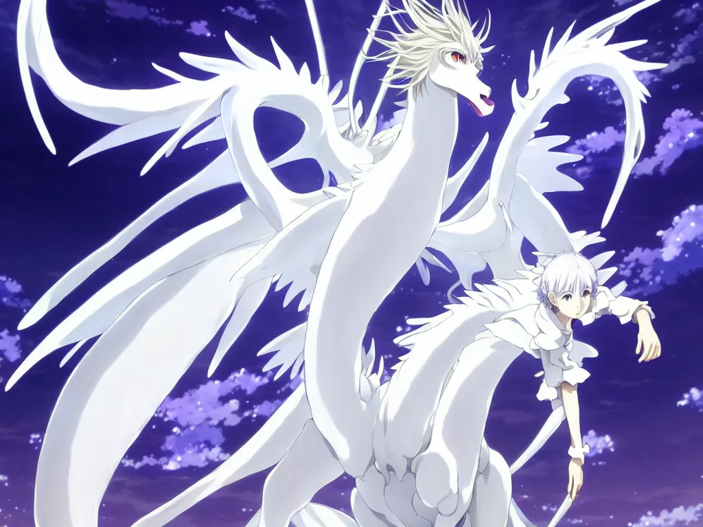 Image similar to anime art full body portrait character concept art, be surrounded by a huge silver white dragon center, in white clouds fairyland, anime key visual of violet evergarden, finely detailed perfect face delicate features directed gaze, trending on pixiv fanbox, violet evergarden, studio ghibli, xision, extremely high quality artwork