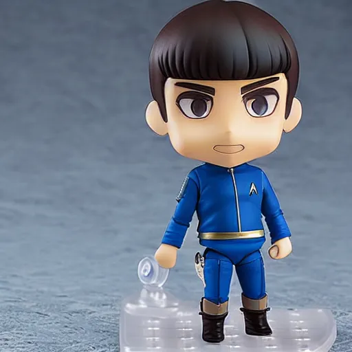 Image similar to spock from the tv series star trek as an anime nendoroid, serious look, pointed ears, spock haircut, detailed product photo