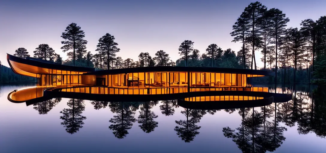 Prompt: curved roof planes lift and descend creating shade and architectural expression, house, highly detailed, situated in the forest, next to a highly reflective lake, at dusk, vivid color, high resolution photography, mist, architecture luxury