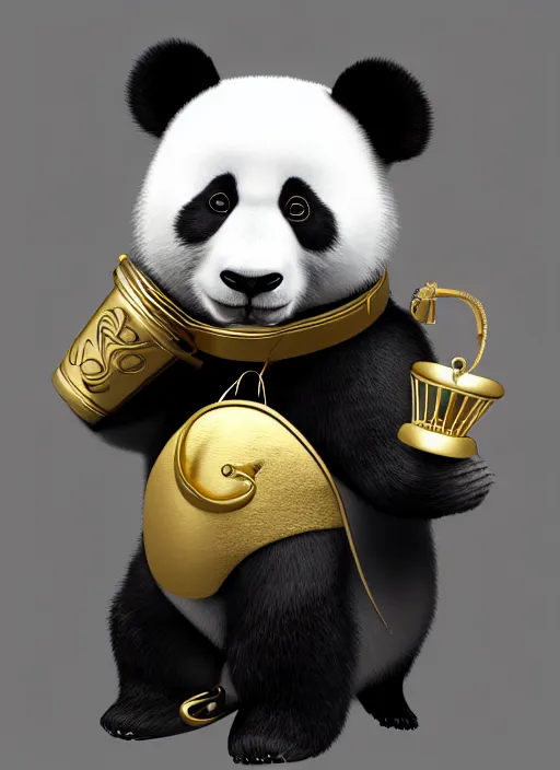 Image similar to photorealistic panda with a gold crown, with a gold necklace, 4k, high fidelity, studio lightning