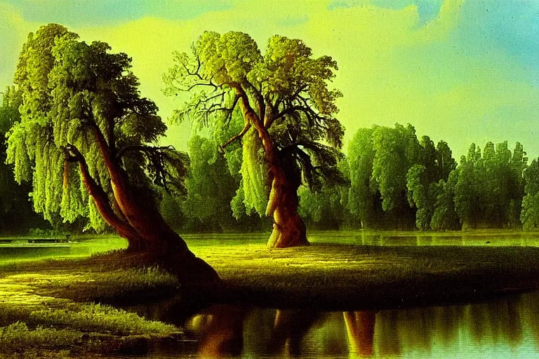 Image similar to painting of a old tree next to a meandering river by alexei savrasov