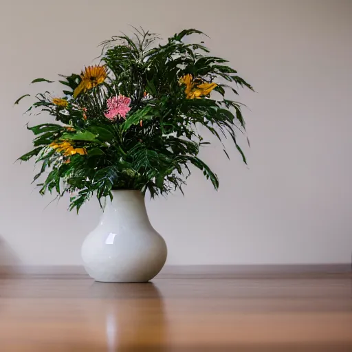 Image similar to a photo of 8k Ikebana, ikenobo, ohararyu, sougetsu, wide angle, full body, sony a7r3, ultra detail, photorealistic, in simple background