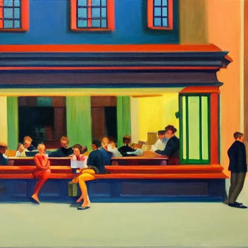 Image similar to a painting of a bar with people sitting inside scrolling on their smartphones in the style of edward hopper