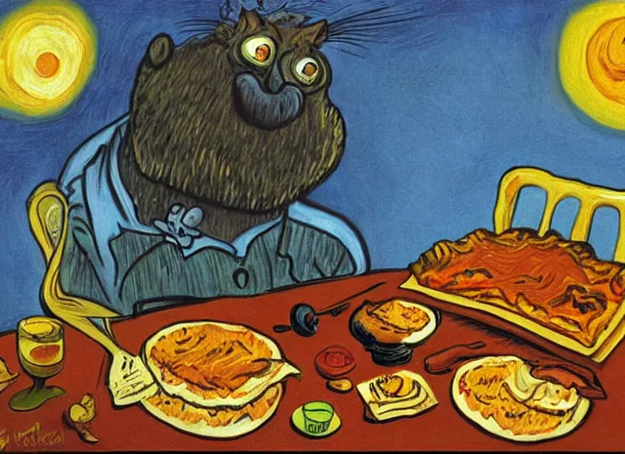 Prompt: surrealist painting of garfield eating lasagna at dusk, in the style of vincent van gogh and salvador dali and wayne barlowe