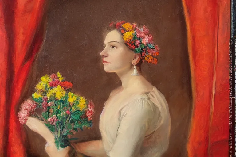 Image similar to oil painting, long view, hight detailed, portrait of woman with flowers in her head in front of red curtain, in style of neodada