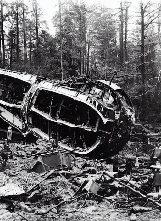 Image similar to vintage photograph of advanced crashed vessel in the forest with people inspecting the rubble