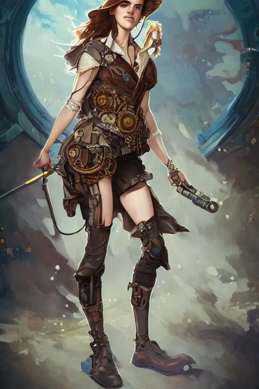 Image similar to emma watson as steampunk half - cyborg, western cowgirl, high fantasy, dnd, smooth, sharp focus, illustration, highly detailed, digital painting, artstation, concept art, by disney animation, rossdraws, alphonse mucha, frank fanzzeta, collectible card art