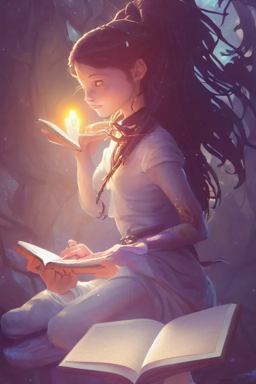 Image similar to highly detailed portrait of beautiful girl reading a book in avatar, dynamic pose, stephen bliss, unreal engine, fantasy art by greg rutkowski, loish, rhads, ferdinand knab, makoto shinkai and lois van baarle, ilya kuvshinov, rossdraws, tom bagshaw, global illumination, radiant light, detailed and intricate environment