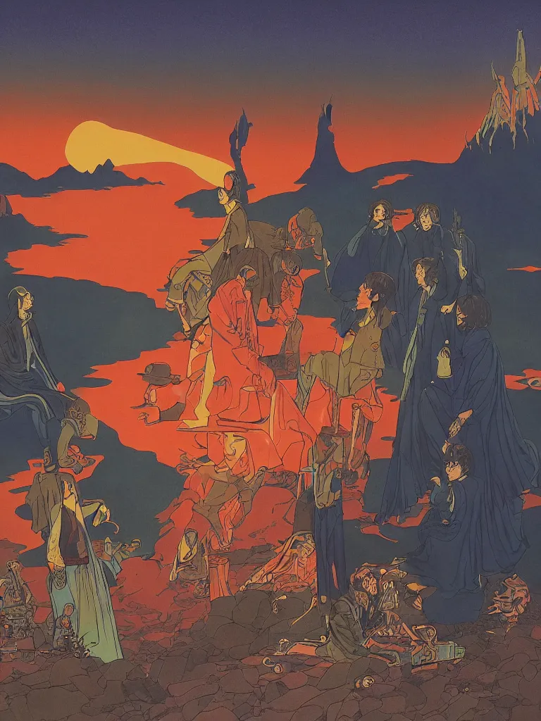 Image similar to an image of the beatles as a characters from the lord of the rings, taking mind altering drugs, a blotter paper of lsd acid and dreaming psychedelic hallucinations in the vast mordor landscape, by kawase hasui, moebius, edward hopper, colorful flat surreal design, dramatic lighting, hd, 8 k, artstation