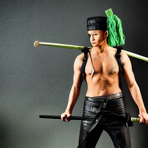 Image similar to A full portrait photo of real-life zoro one piece, f/22, 35mm, 2700K, lighting.