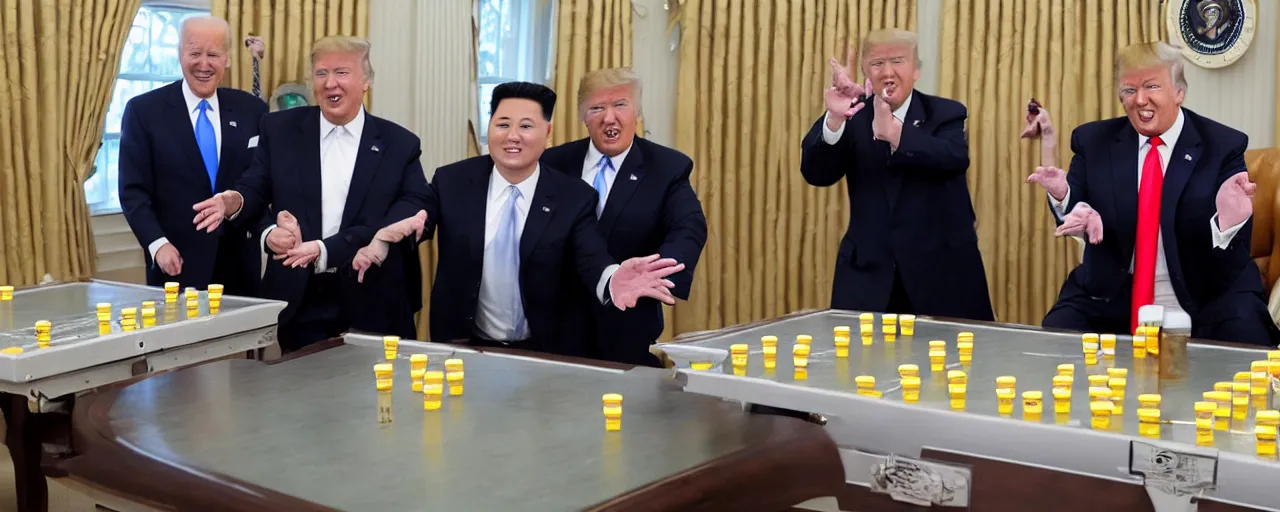 Image similar to donald trump with joe biden and kim jong un playing beer pong on air force one