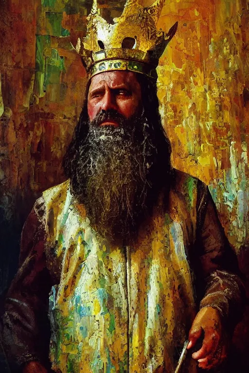 Prompt: highly detailed palette knife oil painting of a historically accurate depiction of the ancient biblical israeli king solomon, wealthy, wise, by Peter Lindbergh, impressionistic brush strokes, painterly brushwork