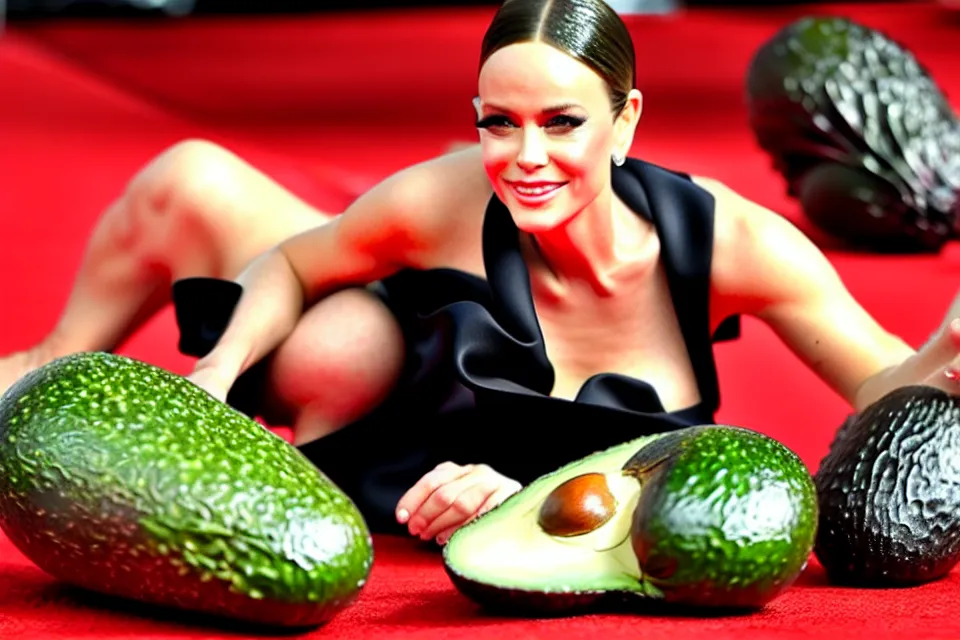 Prompt: bizarre celebrities on the red carpet rolling around in avocados