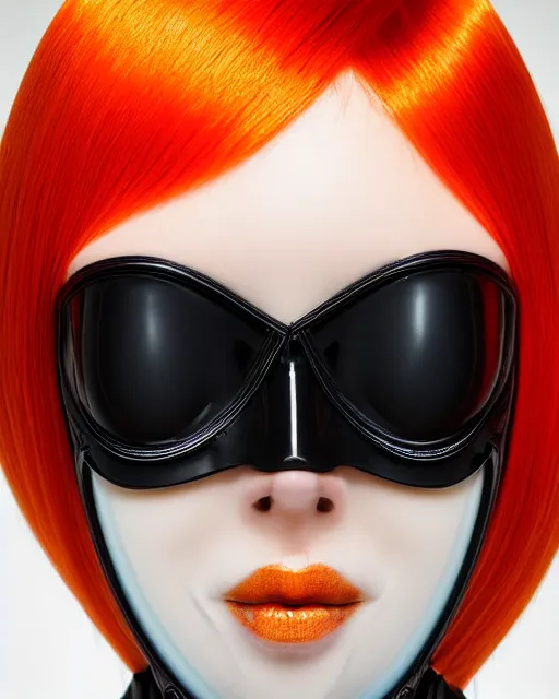 Image similar to symmetrical close - up portrait of a woman wearing a translucent silicone beauty mask and orange hair, wearing a black bodysuit by alexander mcqueen, black background, soft diffused light, biotechnology, humanoide robot, bjork aesthetic, translucent, by rineke dijkstra, intricate details, highly detailed, masterpiece,