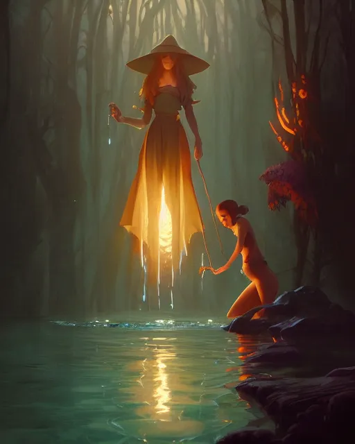 Image similar to highly detailed vfx portrait of a witch casting water magic, unreal engine, greg rutkowski, loish, rhads, beeple, makoto shinkai and lois van baarle, ilya kuvshinov, rossdraws, tom bagshaw, alphonse mucha, global illumination, detailed and intricate environment