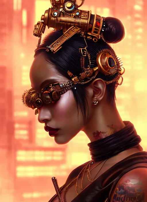 Image similar to soft lustrous ebony geisha seductive raver gutter punk steampunk cyborg, golden ratio, details, scifi, fantasy, cyberpunk city, intricate, decadent, highly detailed, octane render, digital painting, artstation, concept art, sharp focus, illustration, art by artgerm, loish, wlop