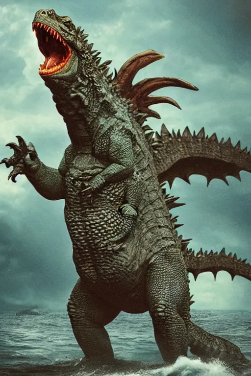 Image similar to Godzilla, kaiju, sea creature, crocodile, iguana, sharp teeth, scary look, angry