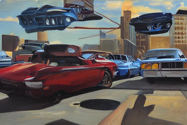 Prompt: hyperrealistic painting of intersecting cars hovering midair by Mary Pratt