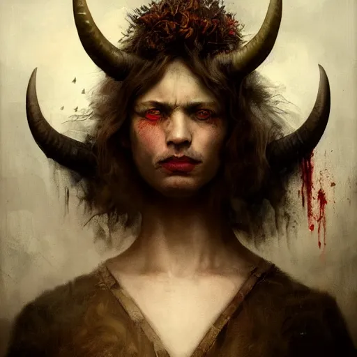 Prompt: breathtaking soft painting of angry devil with huge horns in a bloody sky, realistic symmetrical face features, rembrandt style, elegant, highly detailed, artstation, concept art, matte, sharp focus, art by tom bagshaw, and greg rutkowski