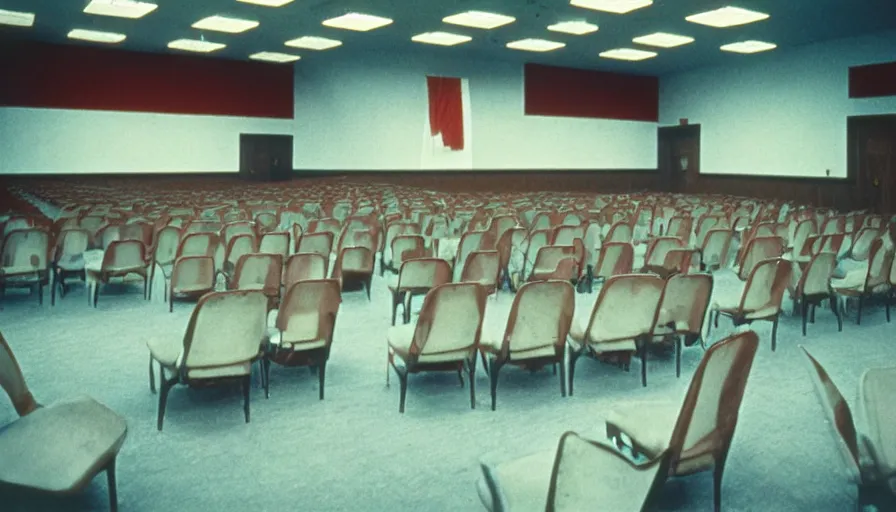 Prompt: 60s movie still of a sovietic stalinist style empty ballroom with chairs and soviet flags, cinestill 800t 50mm eastmancolor, liminal Space style, heavy grain-s 150