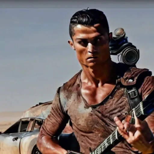 Prompt: cristiano ronaldo playing the guitar in mad max fury road ( 2 0 1 5 ), movie still,