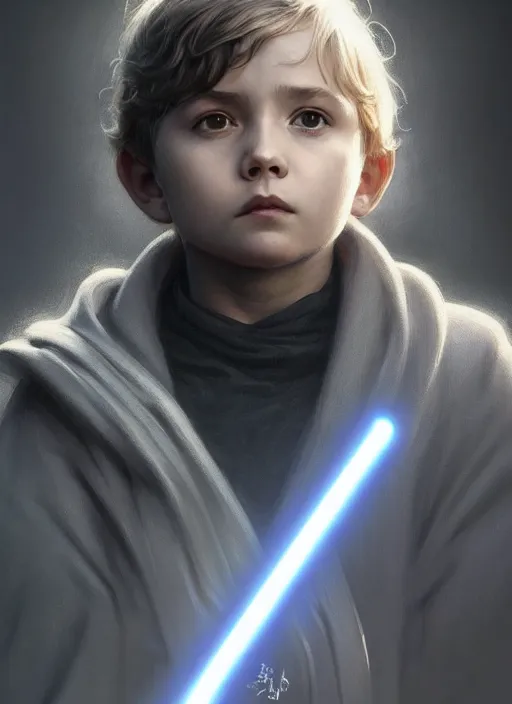 Prompt: perfectly - centered - portrait of a kid wearing grey cloak holding light saber, intricate, highly detailed, digital painting, artstation, concept art, smooth, sharp focus, illustration, unreal engine 5, 8 k, art by artgerm and greg rutkowski and alphonse mucha