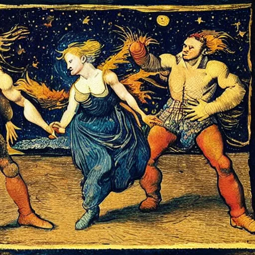 Prompt: dancing punks on the moon, illustration, leonardo da vinci, van gogh, hugo, marilyn monroe