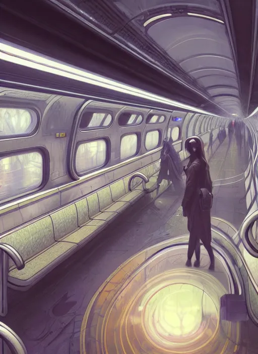 Image similar to perfectly - centered - drawing of empty subway train, intricate, highly detailed, digital painting, artstation, concept art, smooth, sharp focus, illustration, unreal engine 5, 8 k, art by artgerm and greg rutkowski and alphonse mucha