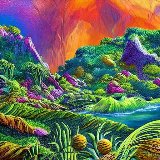 Image similar to illustration of a lush natural scene on an alien planet by djamila knopf. detailed. beautiful landscape. colourful weird vegetation. cliffs and water.