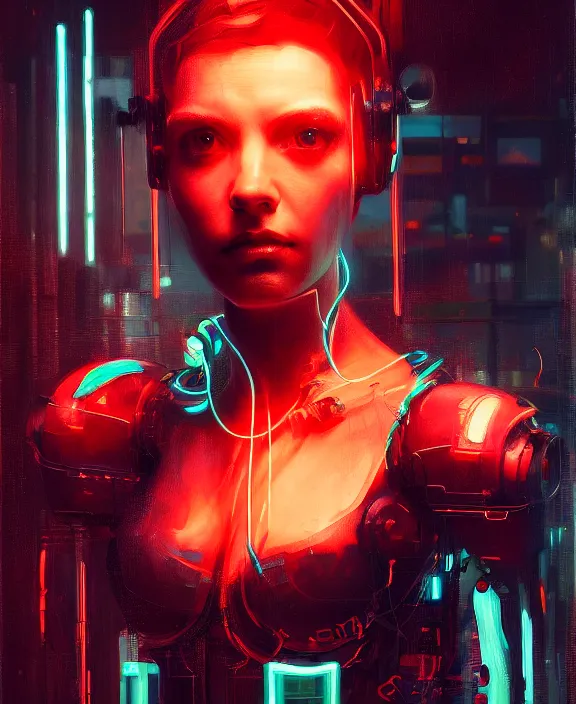 Prompt: portrait of cute robot cyborg woman, wires, neon lights, striking eyes, cyberpunk, highly detailed painting by jeremy mann and cd projekt red