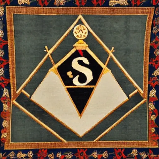 Image similar to a masonic carpet showing the symbols of the master mason, hanging in a masonic lodge