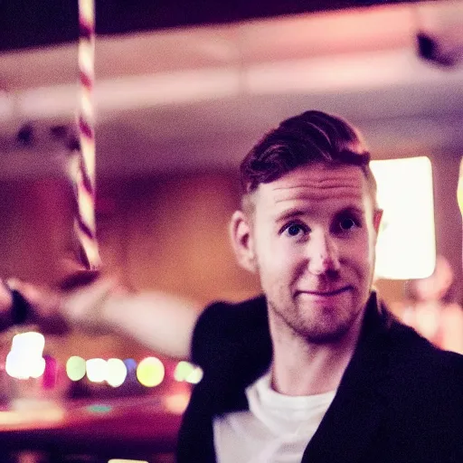 Prompt: photo of a 3 2 year old white man living thinking he's living the best life possible. he looks young for his age. he is at a dance club, it's as if he were in a music video. young woman are flocking to him and can be seen dancing around him in a seductive manner.