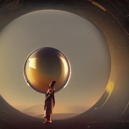 Prompt: : huge translucent orb in the desert, reflection from the crystal is sparkling due to sun, small tesla starship is near, futuristic hi-tech details, art by anthony macbain + greg rutkowski + alphonse mucha, concept art, 4k, sharp focus, cinematic render unreal engine