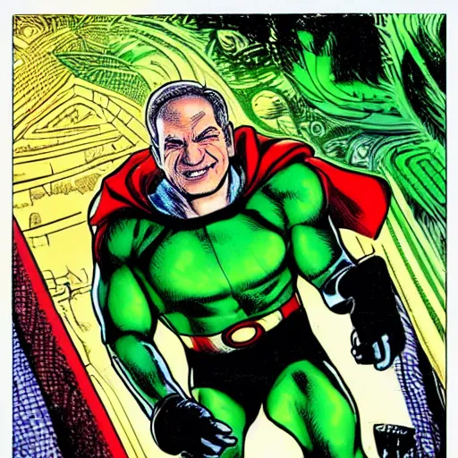 Prompt: Portrait of Benjamin Netanyahu as a green money superhero, by Jim Lee, Jack Kirby, highly detailed, clean, wallpaper